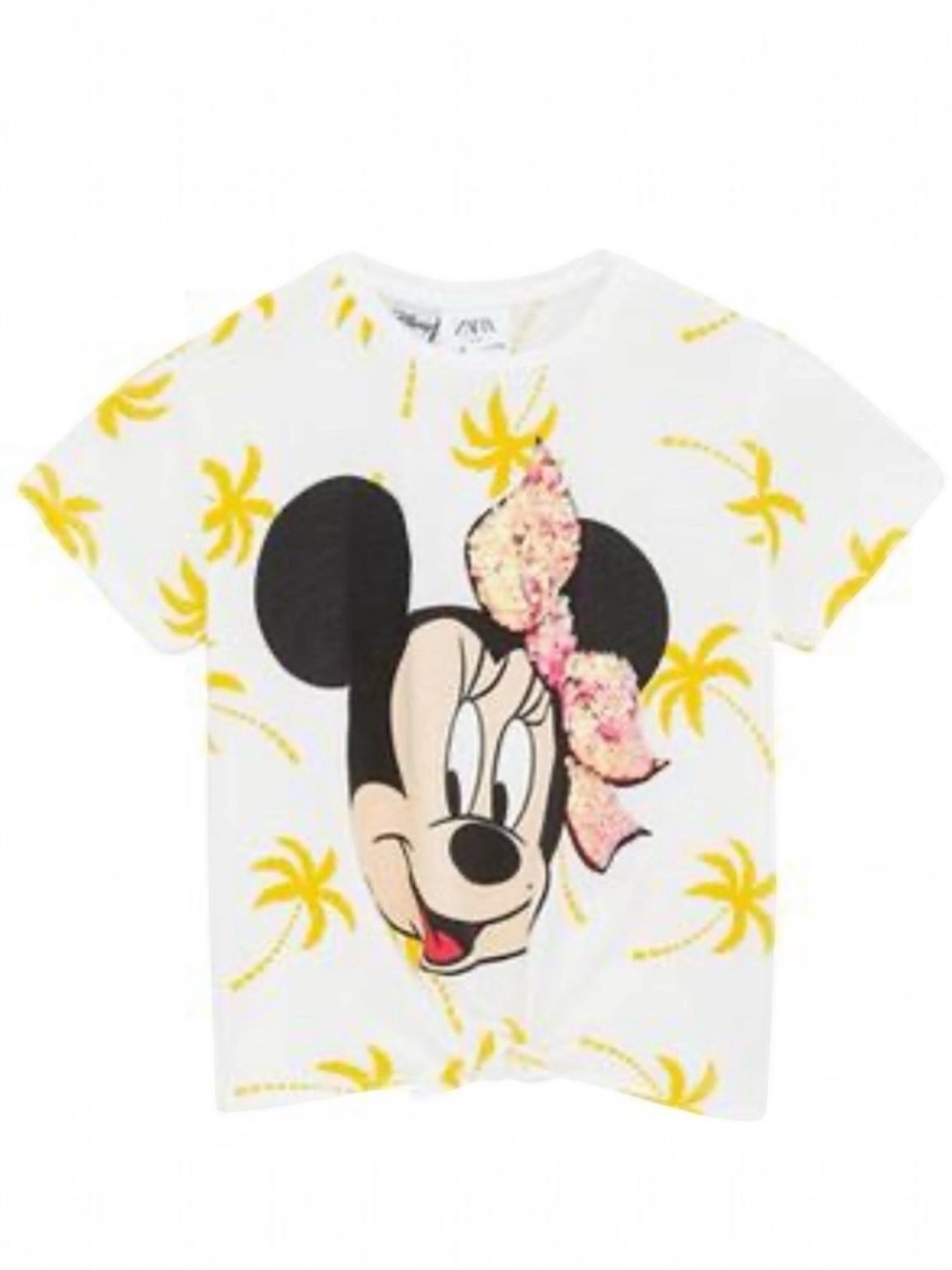 Zara Disney Minnie Mouse Reversible Sequin Palm Tree Tee White Yellow Girls 5